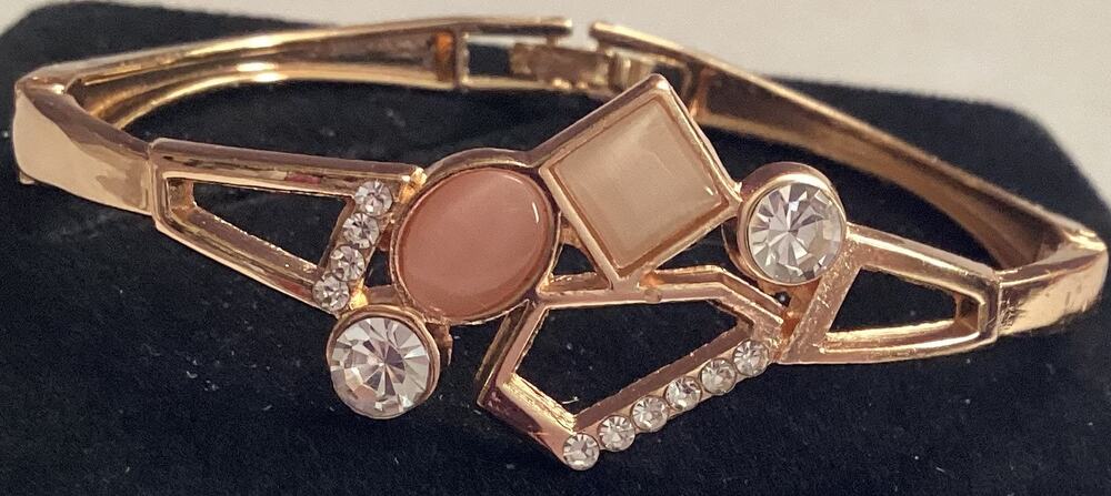 2490NWOT Goldtone Hinged Bangle Bolo Bracelet Pink Beads Cubic Zirconia Crystals